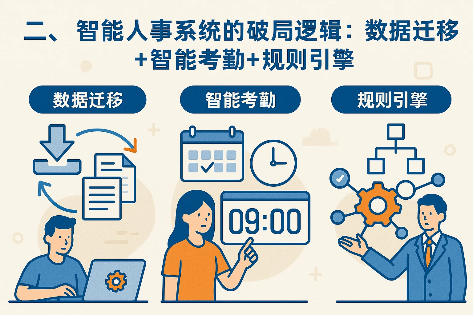 二、智能人事系统的破局逻辑:数据迁移+智能考勤+规则引擎