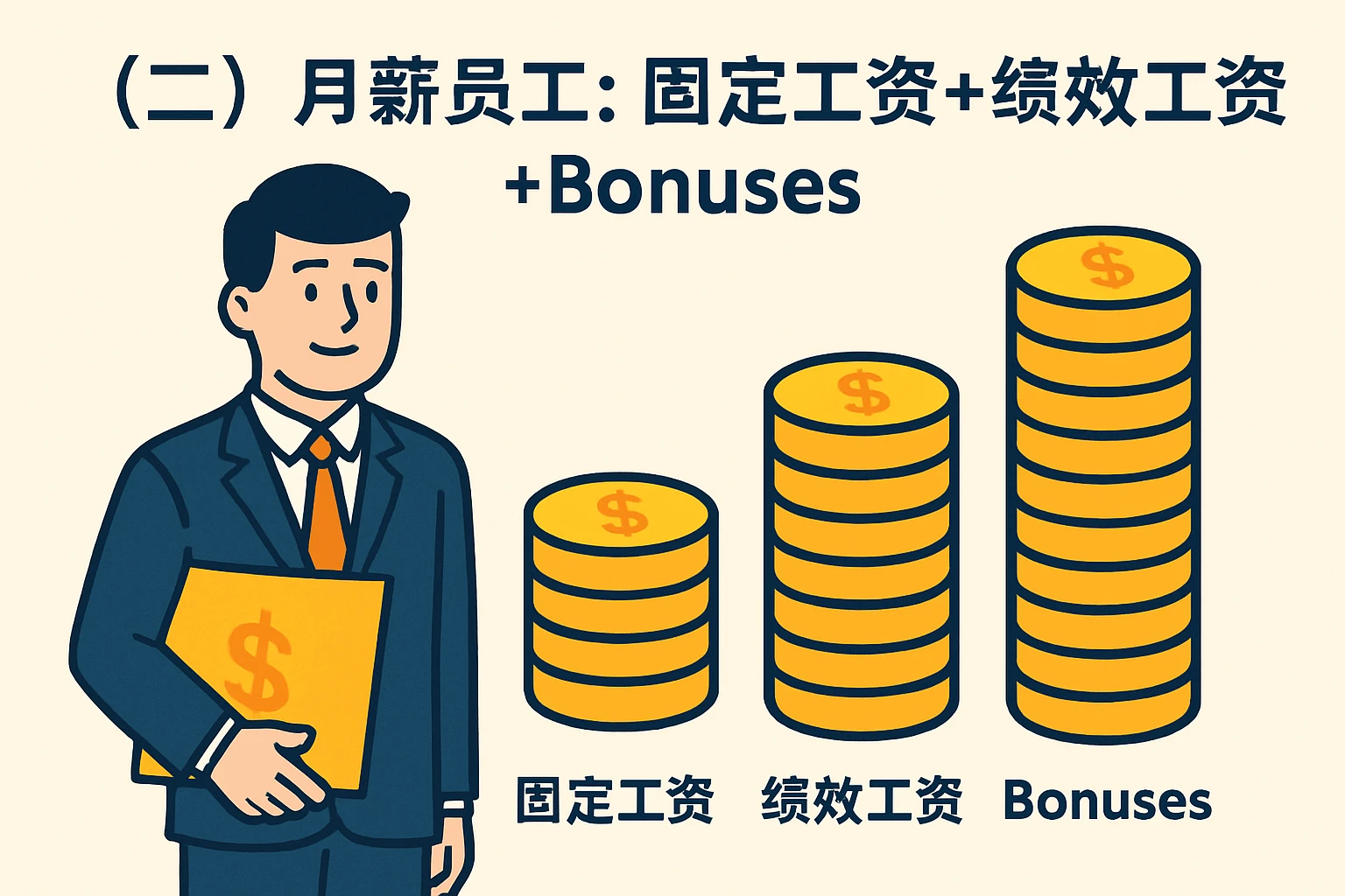 （二）月薪员工：固定工资+绩效工资+ bonuses