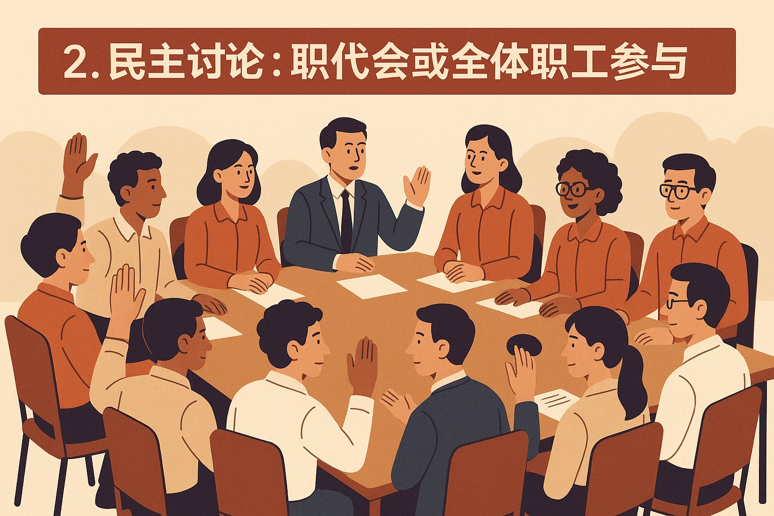 2. 民主讨论:职代会或全体职工参与