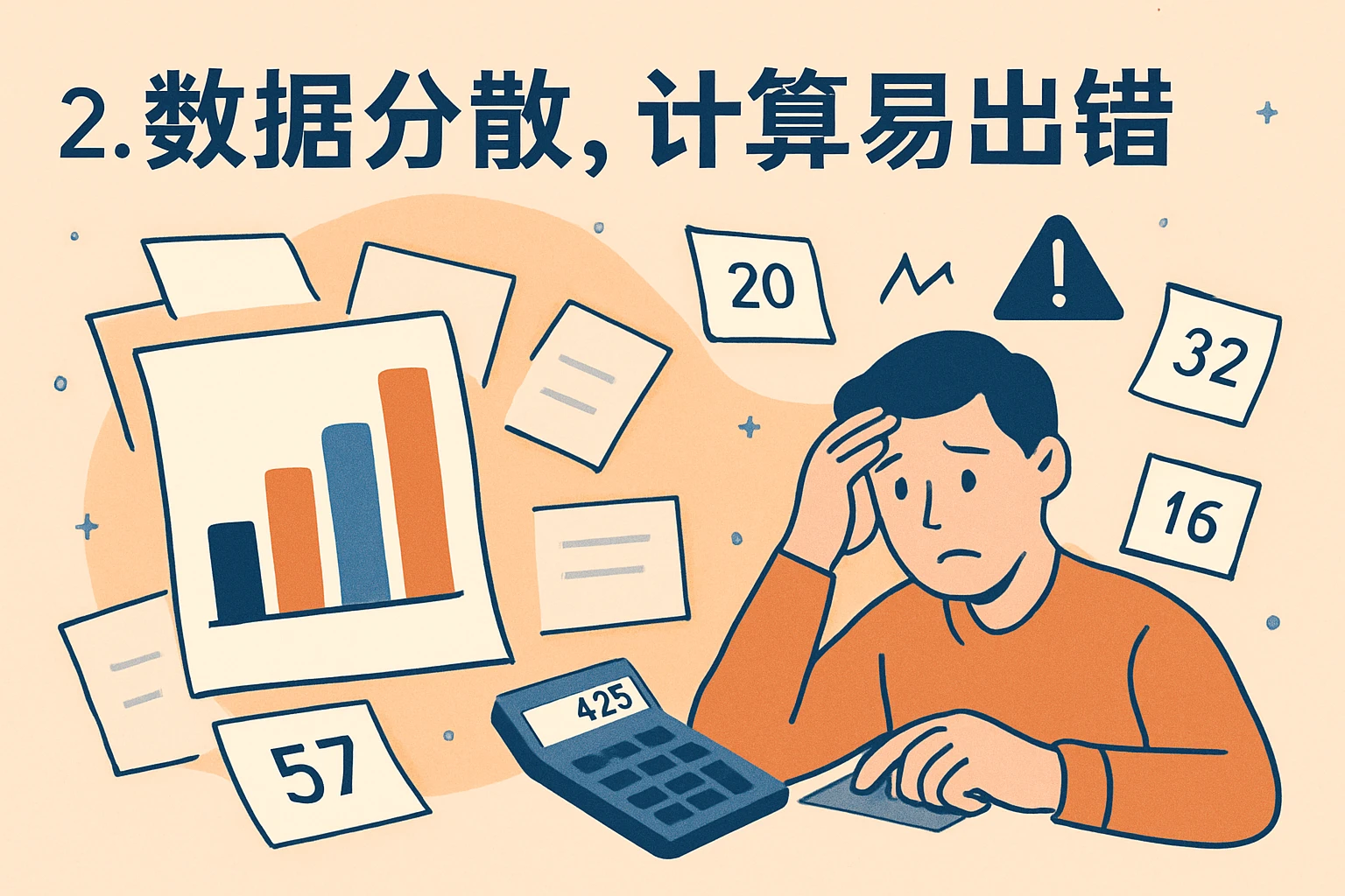 2. 数据分散，计算易出错