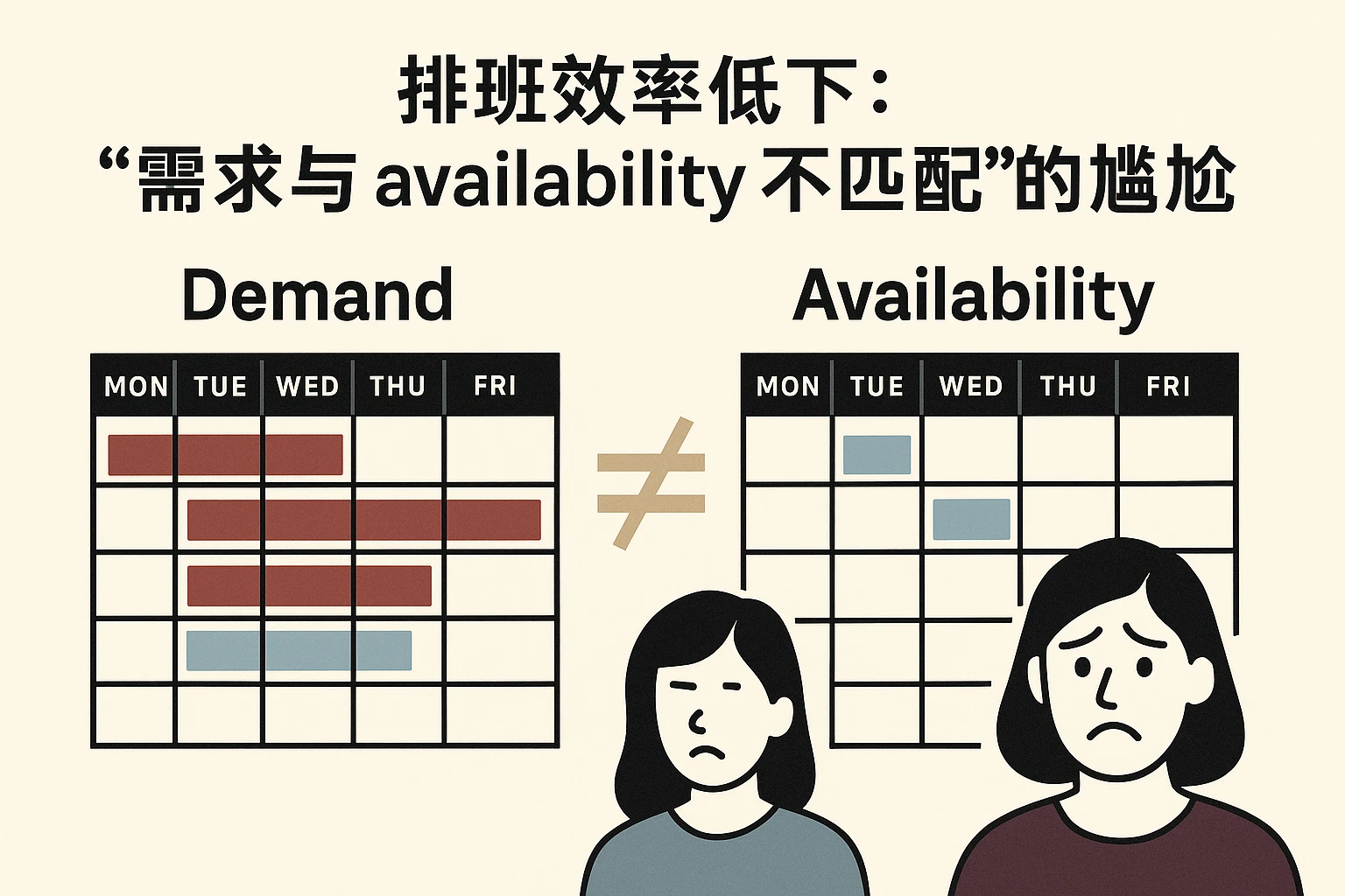 2. 排班效率低下:“需求与 availability 不匹配”的尴尬