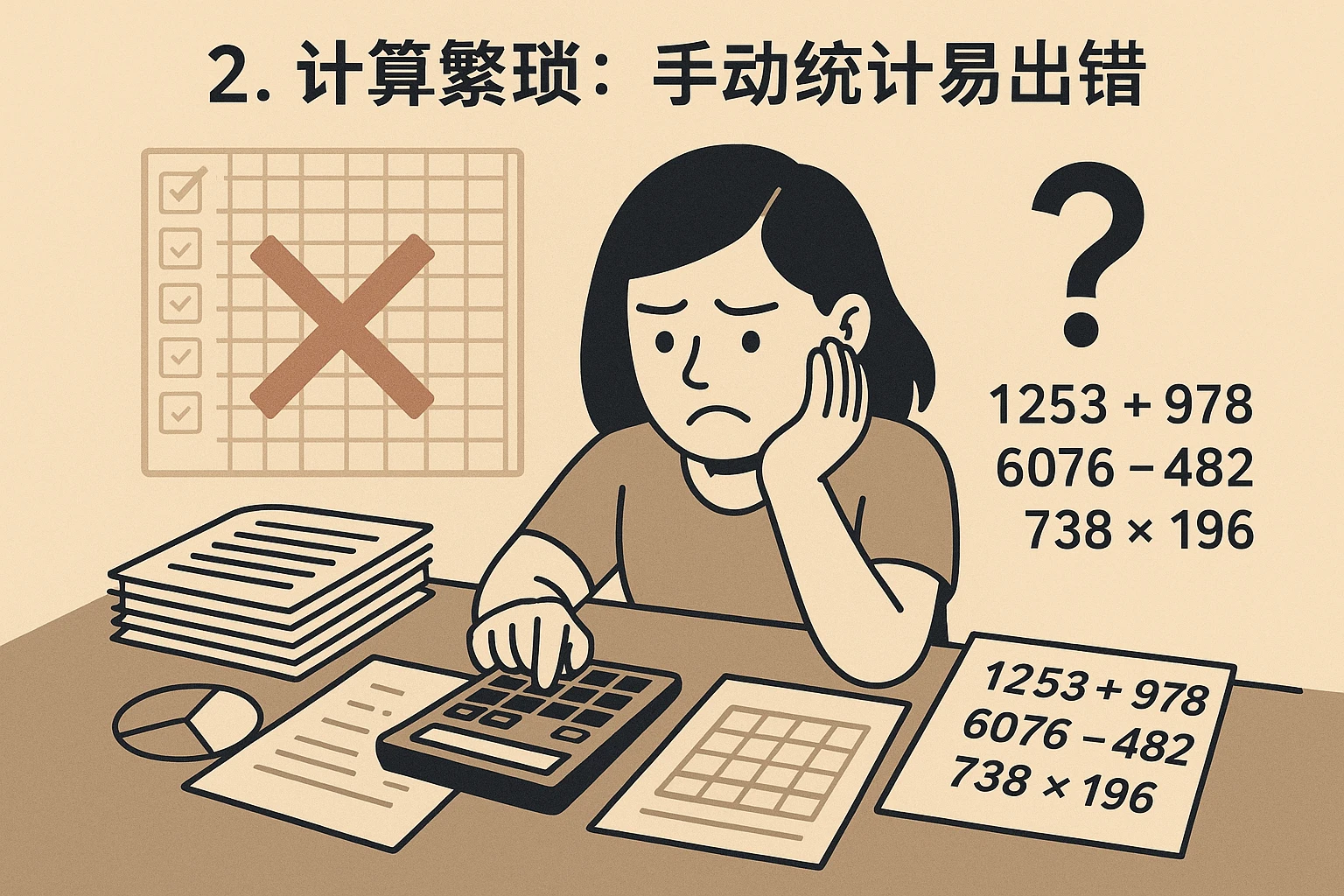 2. 计算繁琐：手动统计易出错