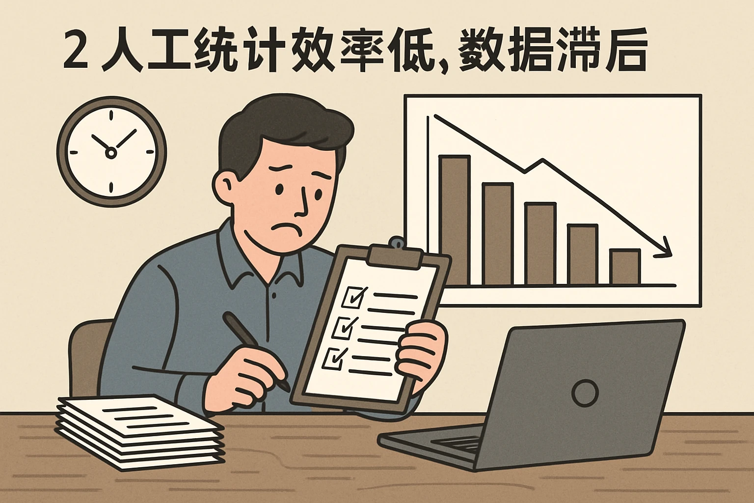 2. 人工统计效率低，数据滞后