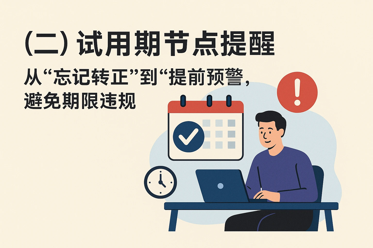 (二)试用期节点提醒:从“忘记转正”到“提前预警”,避免期限违规