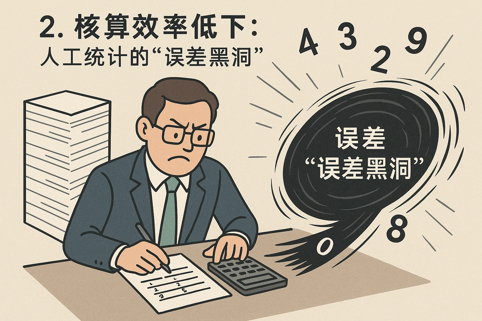 2. 核算效率低下：人工统计的“误差黑洞”
