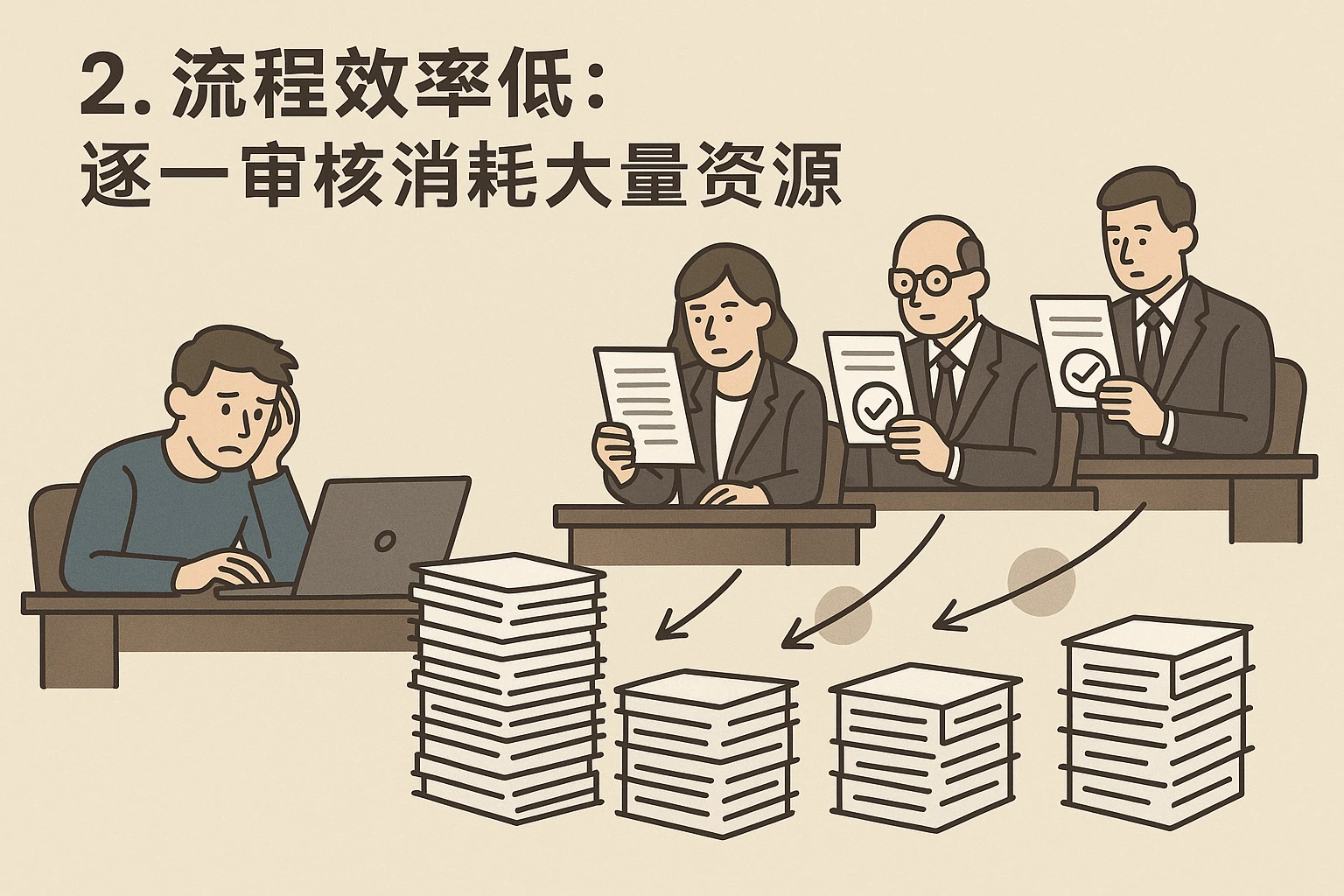 2. 流程效率低：逐一审核消耗大量资源