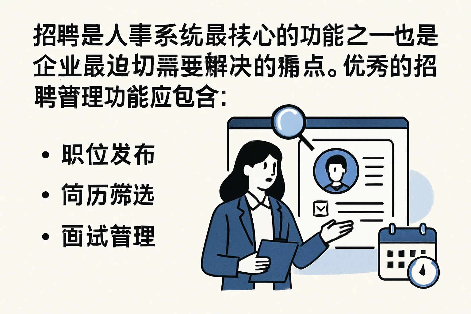 招聘是人事系统最核心的功能之一，也是企业最迫切需要解决的痛点。优秀的招聘管理功能应包含：