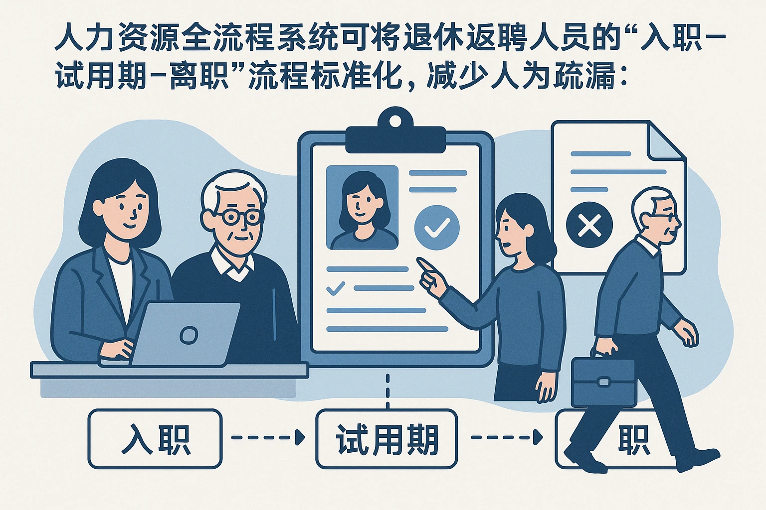 人力资源全流程系统可将退休返聘人员的“入职-试用期-离职”流程标准化，减少人为疏漏：