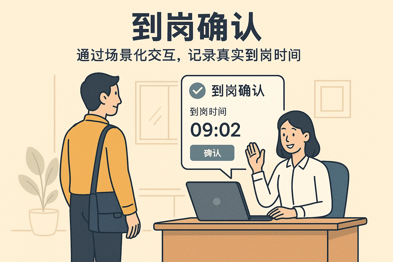 2. 到岗确认：通过场景化交互，记录真实到岗时间