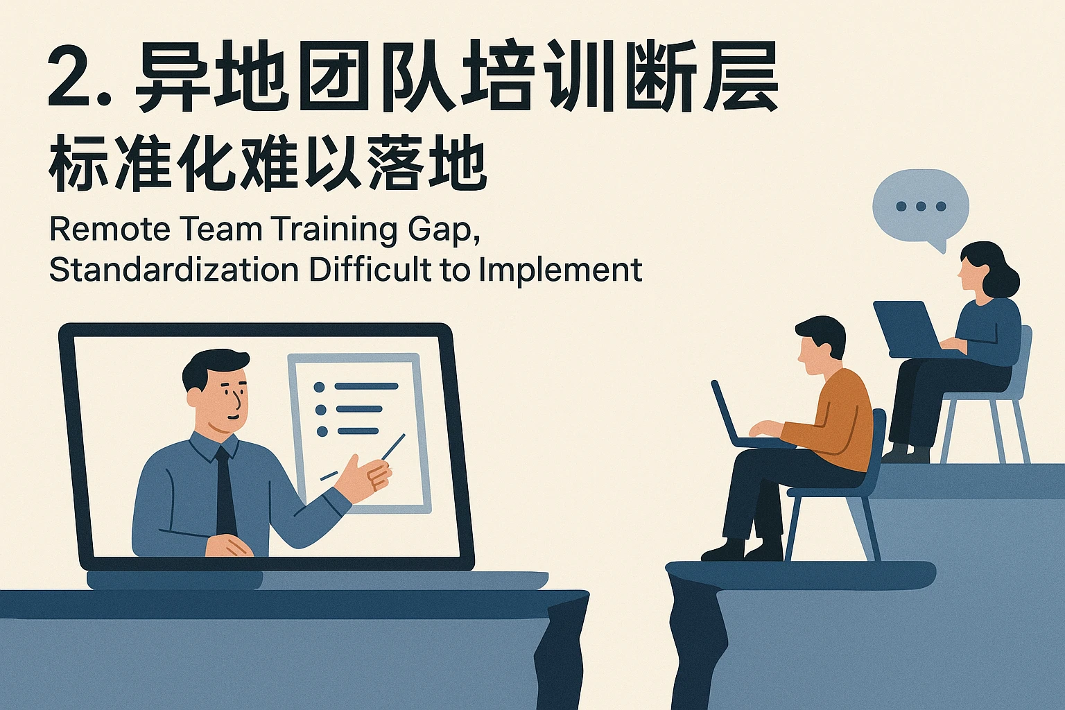 2. 异地团队培训断层，标准化难以落地