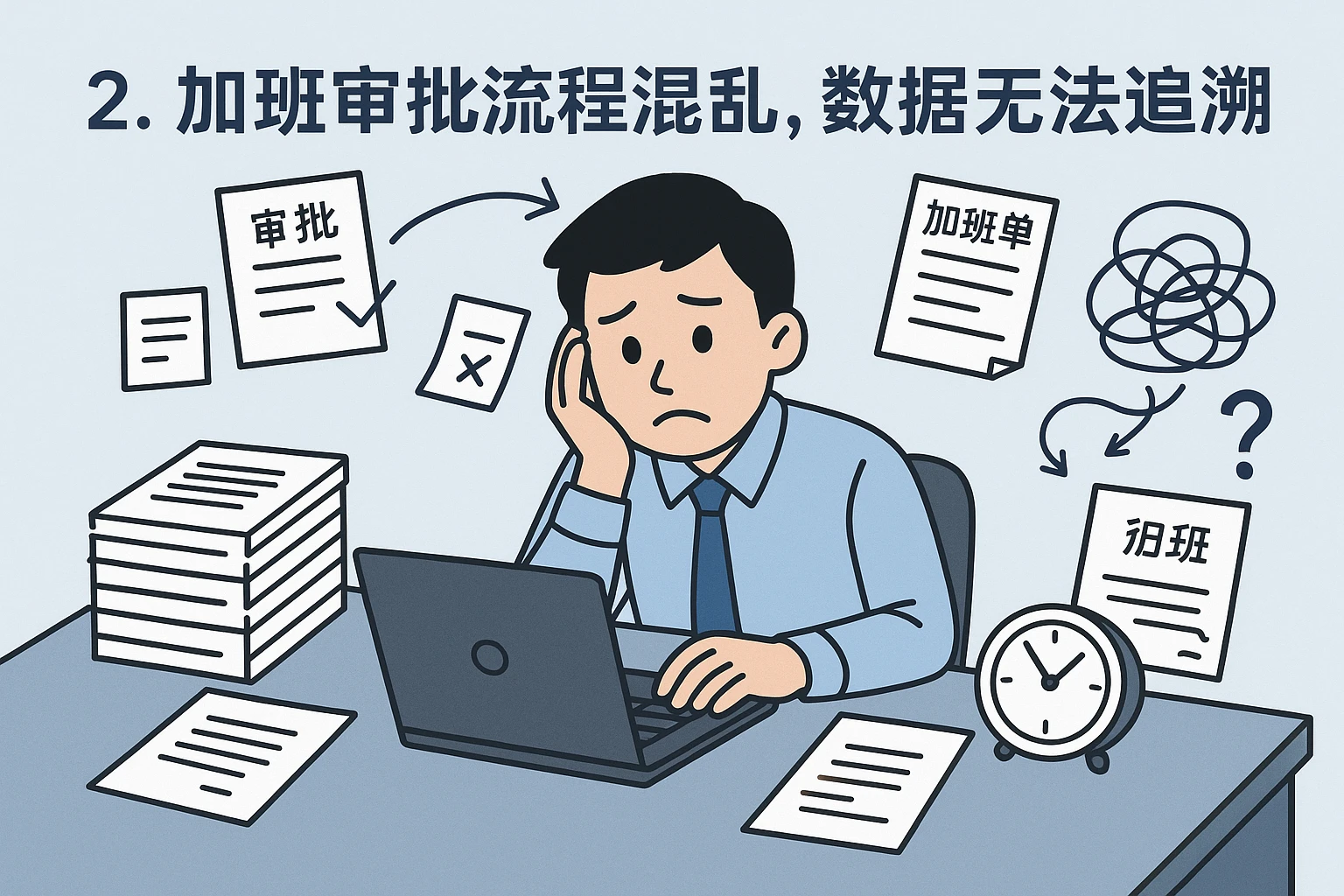 2. 加班审批流程混乱,数据无法追溯