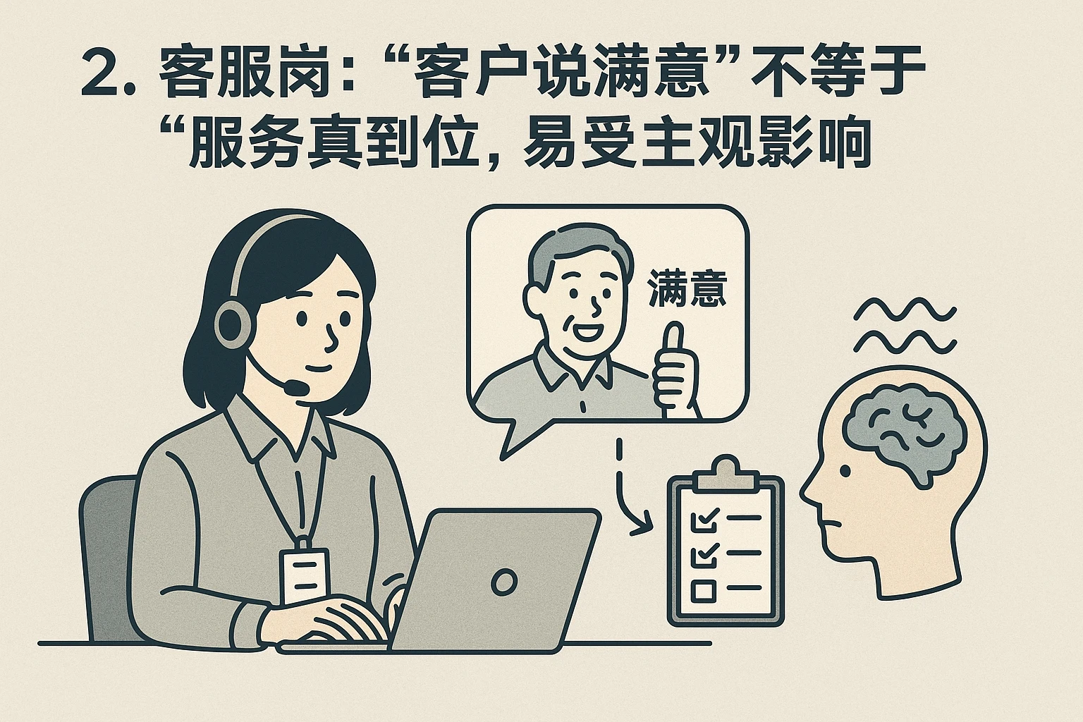 2. 客服岗：“客户说满意”不等于“服务真到位”，易受主观影响