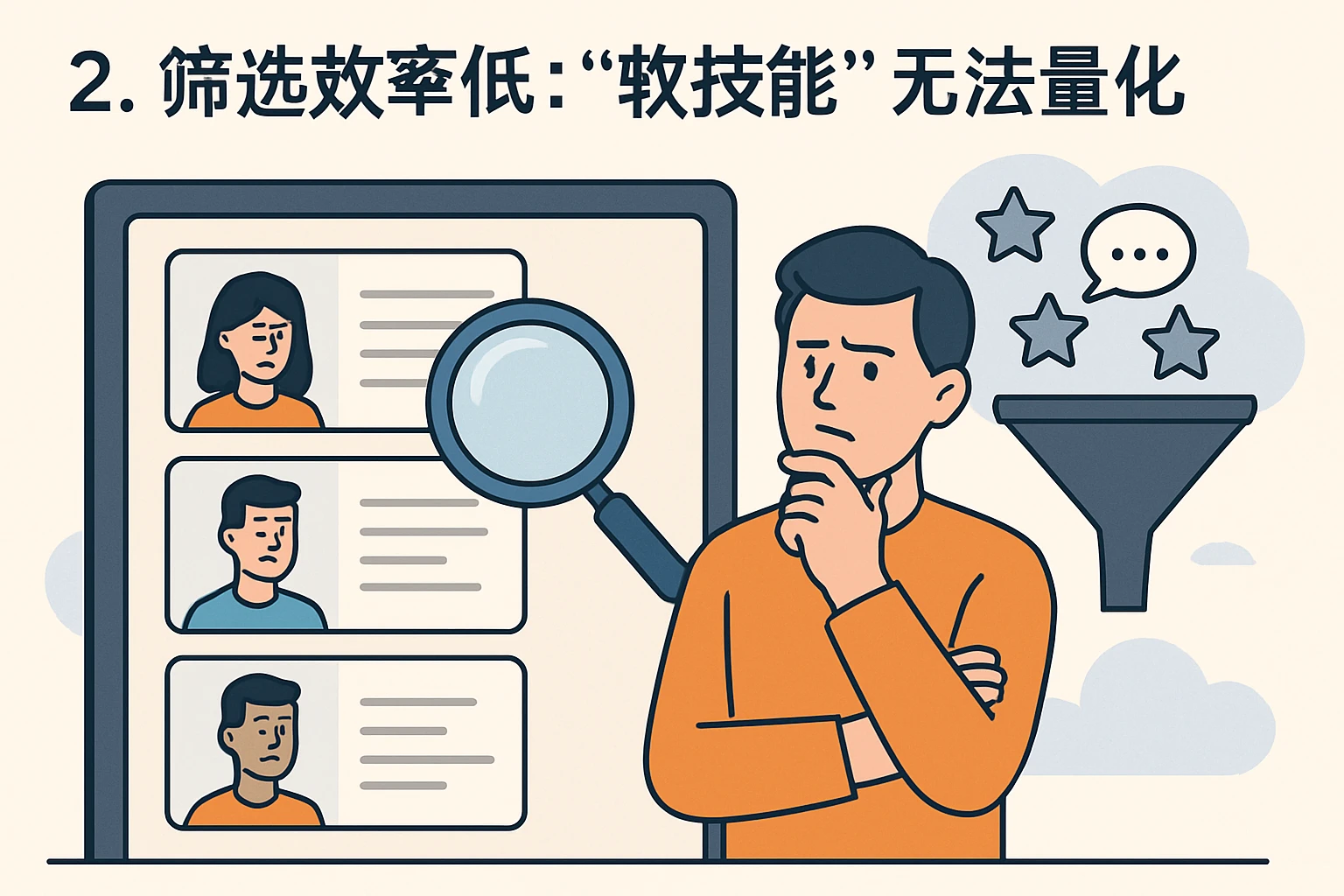 2. 筛选效率低：“软技能”无法量化