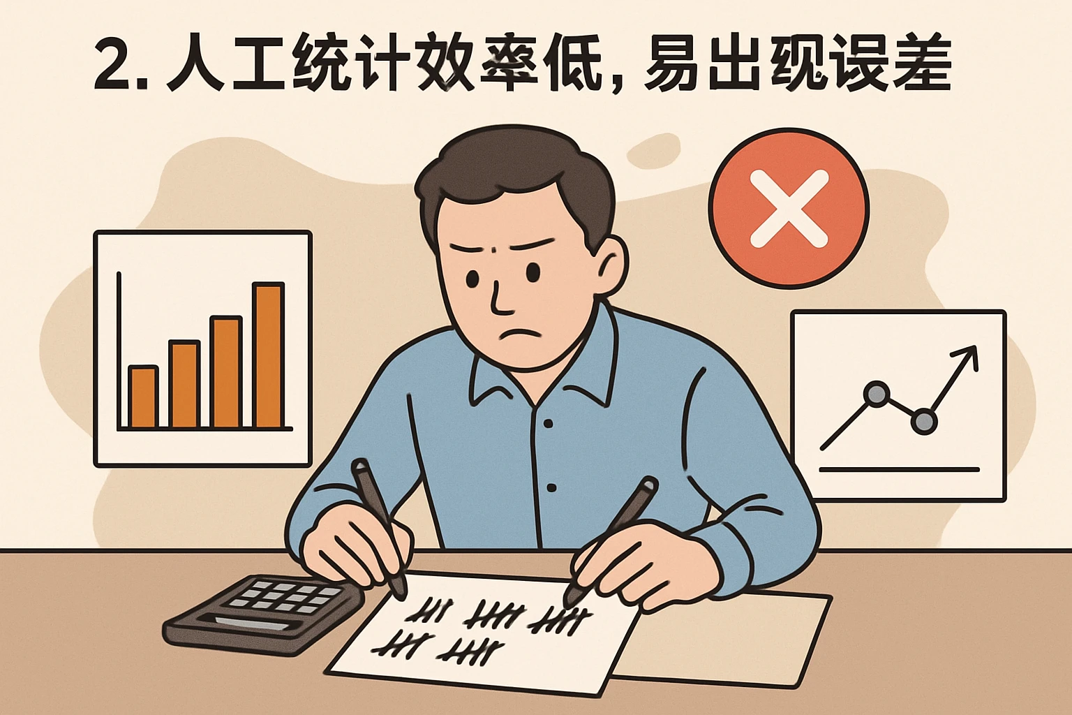 2. 人工统计效率低，易出现误差