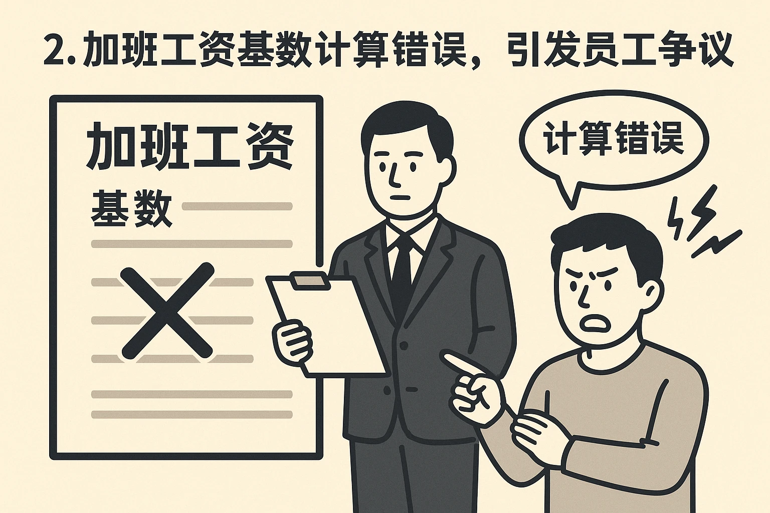 2. 加班工资基数计算错误，引发员工争议
