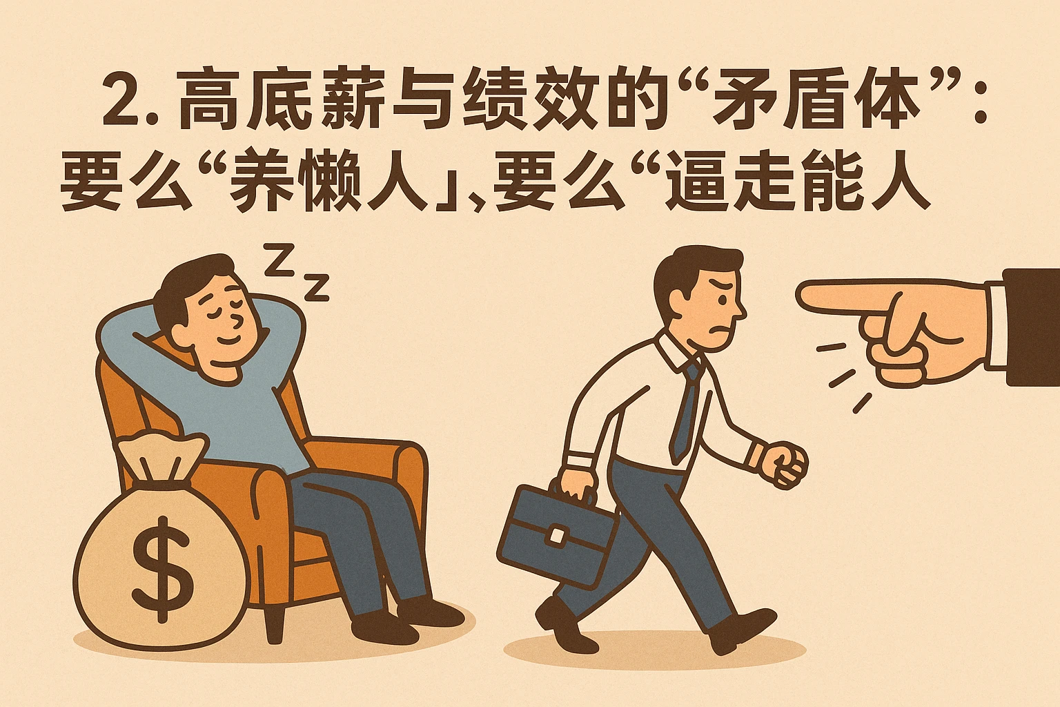 2. 高底薪与绩效的“矛盾体”：要么“养懒人”，要么“逼走能人”