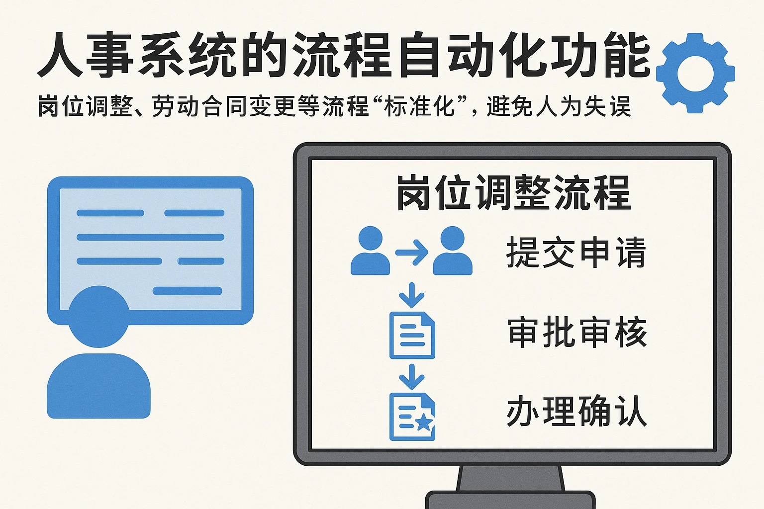 人事系统的流程自动化功能，能将岗位调整、劳动合同变更等流程“标准化”，避免人为失误。例如，企业可在系统中设置“岗位调整流程”，强制要求以下环节：