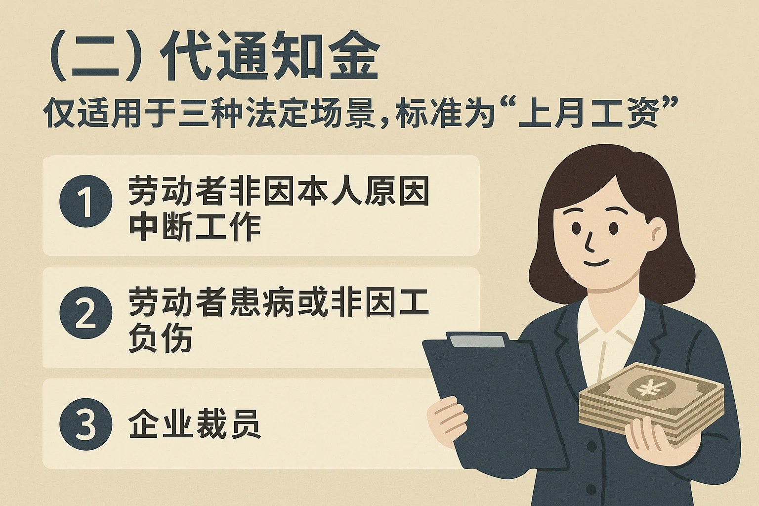 （二）代通知金：仅适用于三种法定场景，标准为“上月工资”