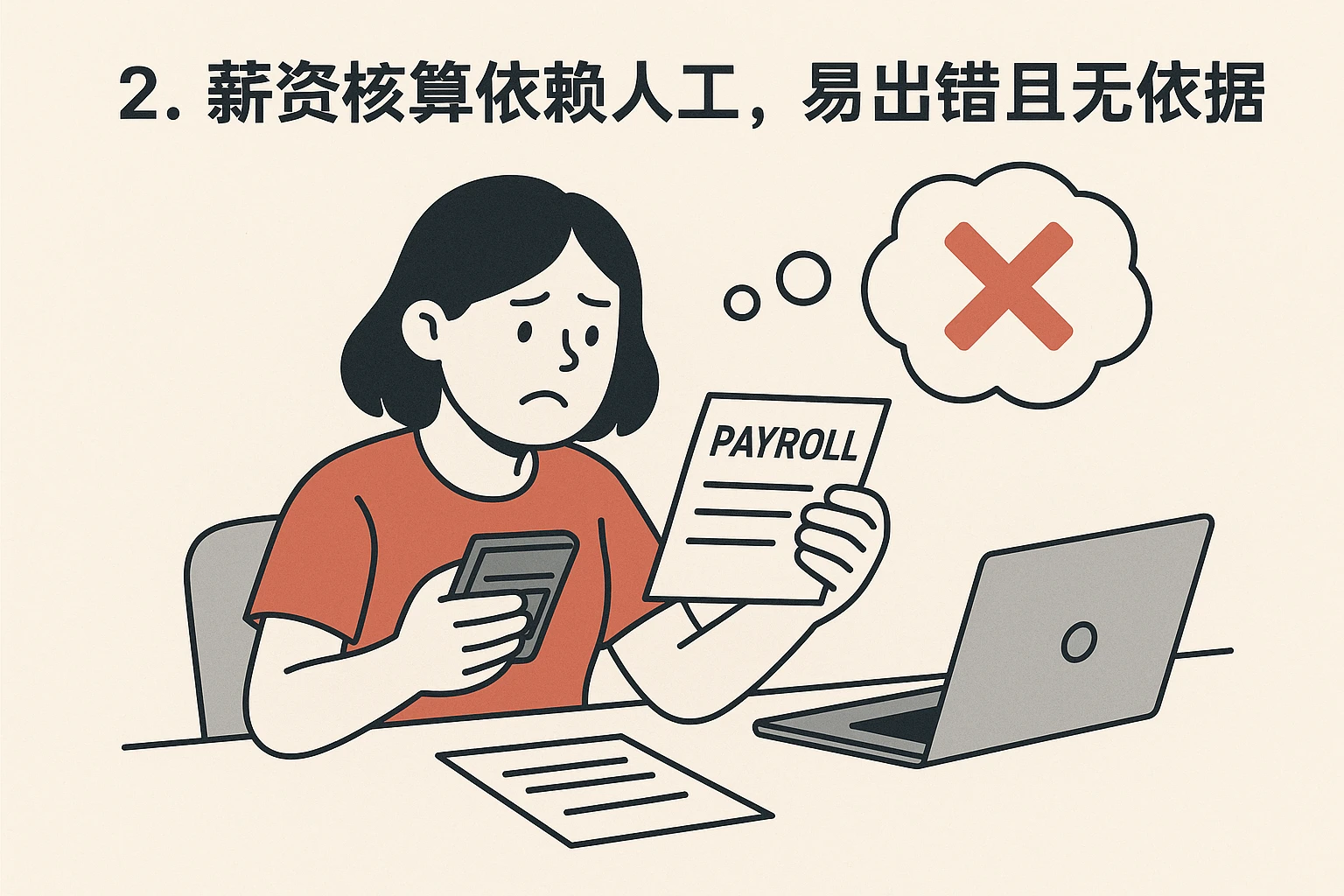 2. 薪资核算依赖人工，易出错且无依据