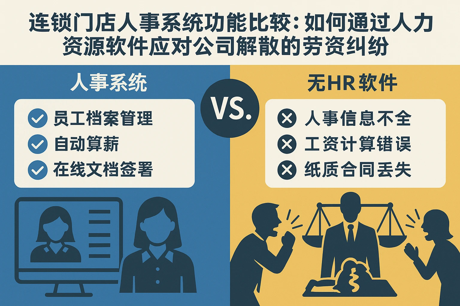 连锁门店人事系统功能比较:如何通过人力资源软件应对公司解散的劳资纠纷