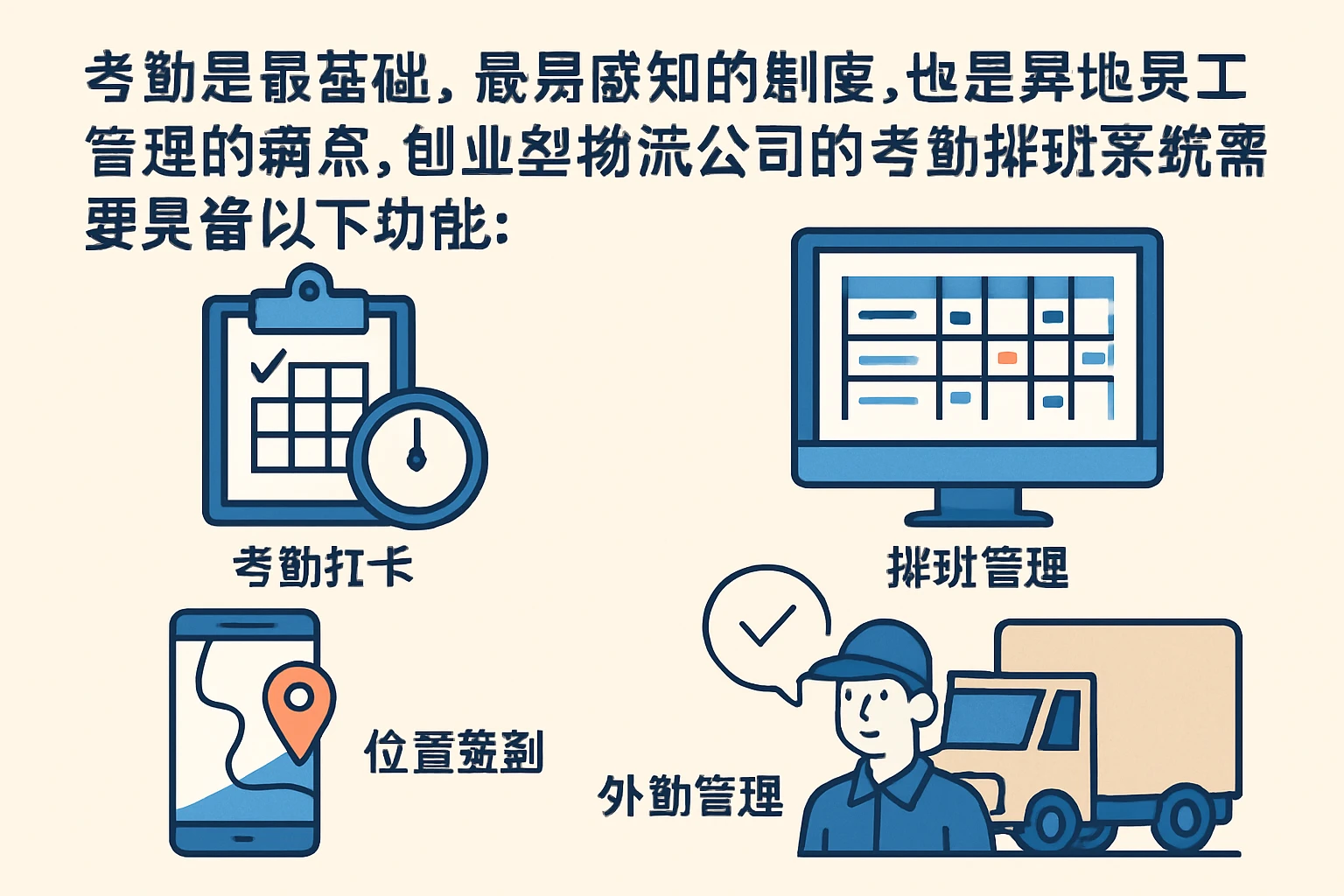 考勤是最基础、最易感知的制度，也是异地员工管理的痛点。创业型物流公司的考勤排班系统需要具备以下功能：