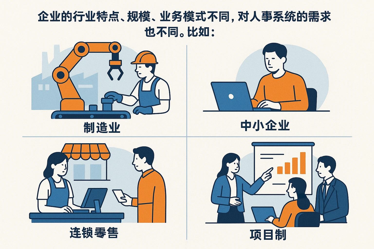 企业的行业特点、规模、业务模式不同,对人事系统的需求也不同。比如: