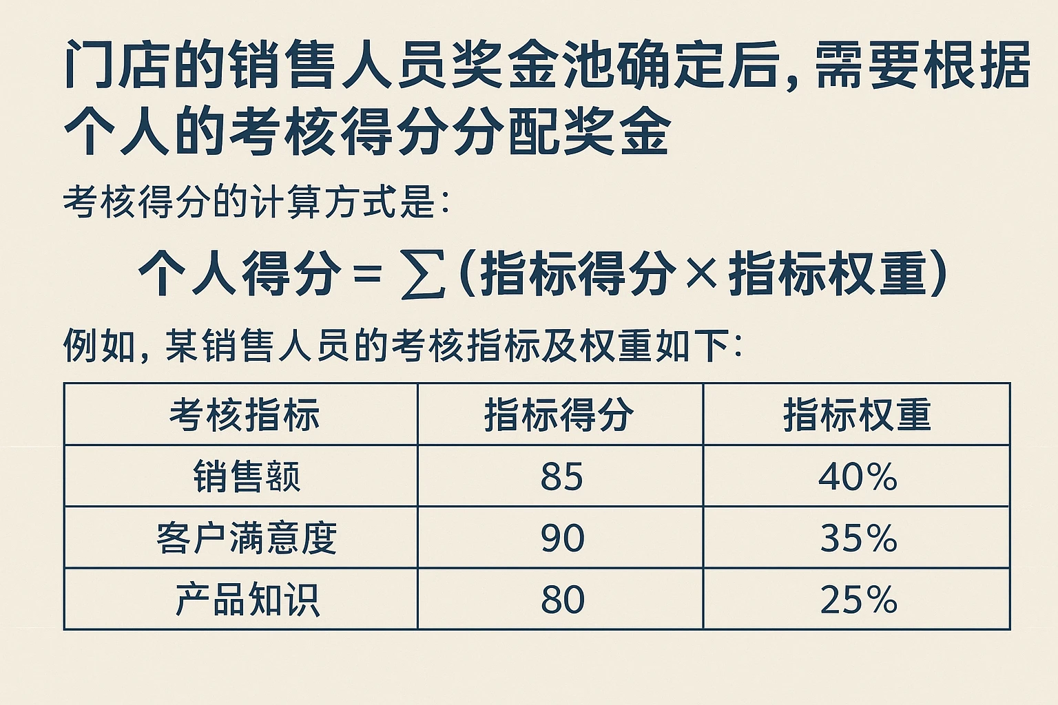 门店的销售人员奖金池确定后,需要根据个人的考核得分分配奖金。考核得分的计算方式是:个人得分=Σ(指标得分×指标权重)。例如,某销售人员的考核指标及权重如下: