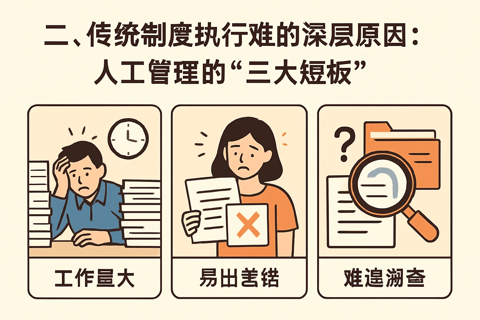 二、传统制度执行难的深层原因：人工管理的“三大短板”