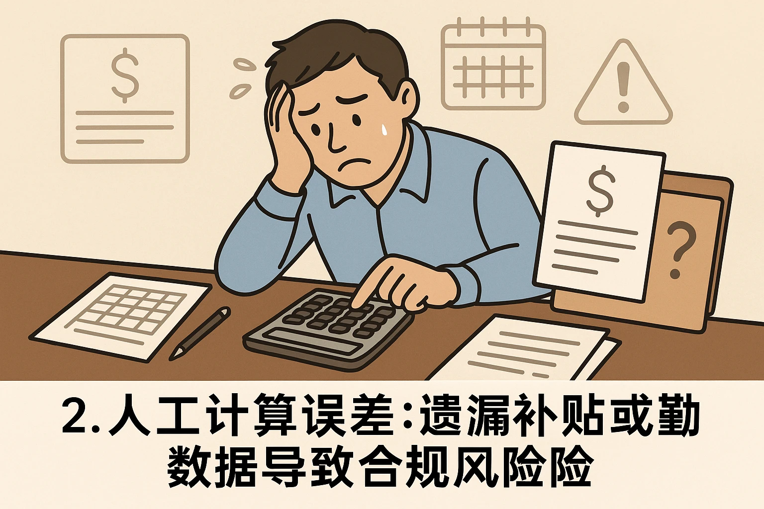 2. 人工计算误差：遗漏补贴或考勤数据导致合规风险