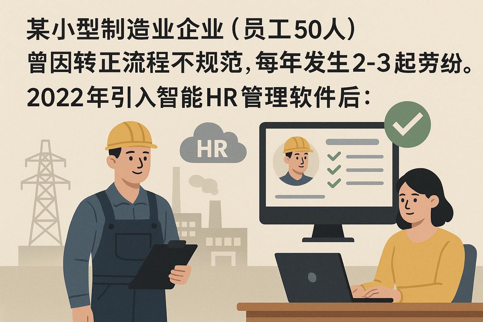 某小型制造业企业（员工50人）曾因转正流程不规范，每年发生2-3起劳动纠纷。2022年引入智能HR管理软件后：