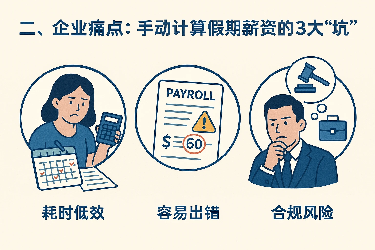 二、企业痛点：手动计算假期薪资的3大“坑”