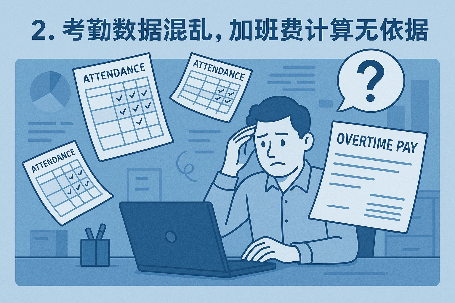2. 考勤数据混乱，加班费计算无依据