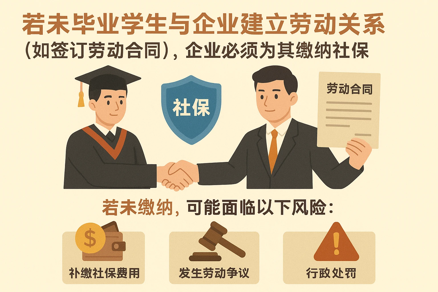 若未毕业学生与企业建立劳动关系(如签订劳动合同),企业必须为其缴纳社保。若未缴纳,可能面临以下风险: