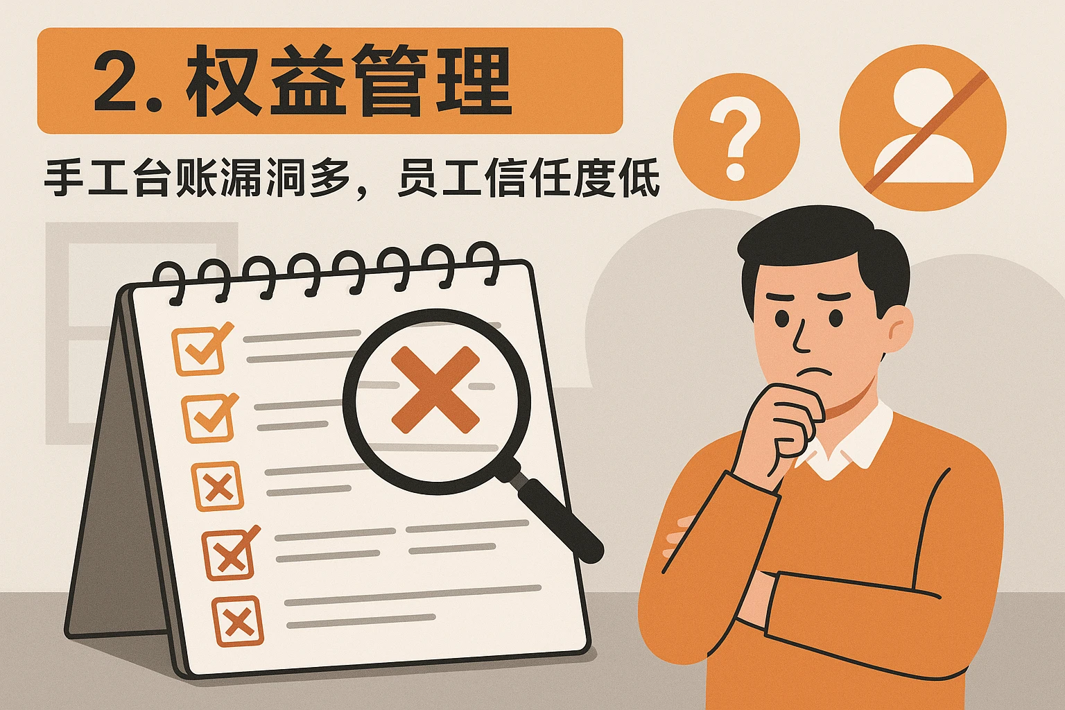 2. 权益管理：手工台账漏洞多，员工信任度低