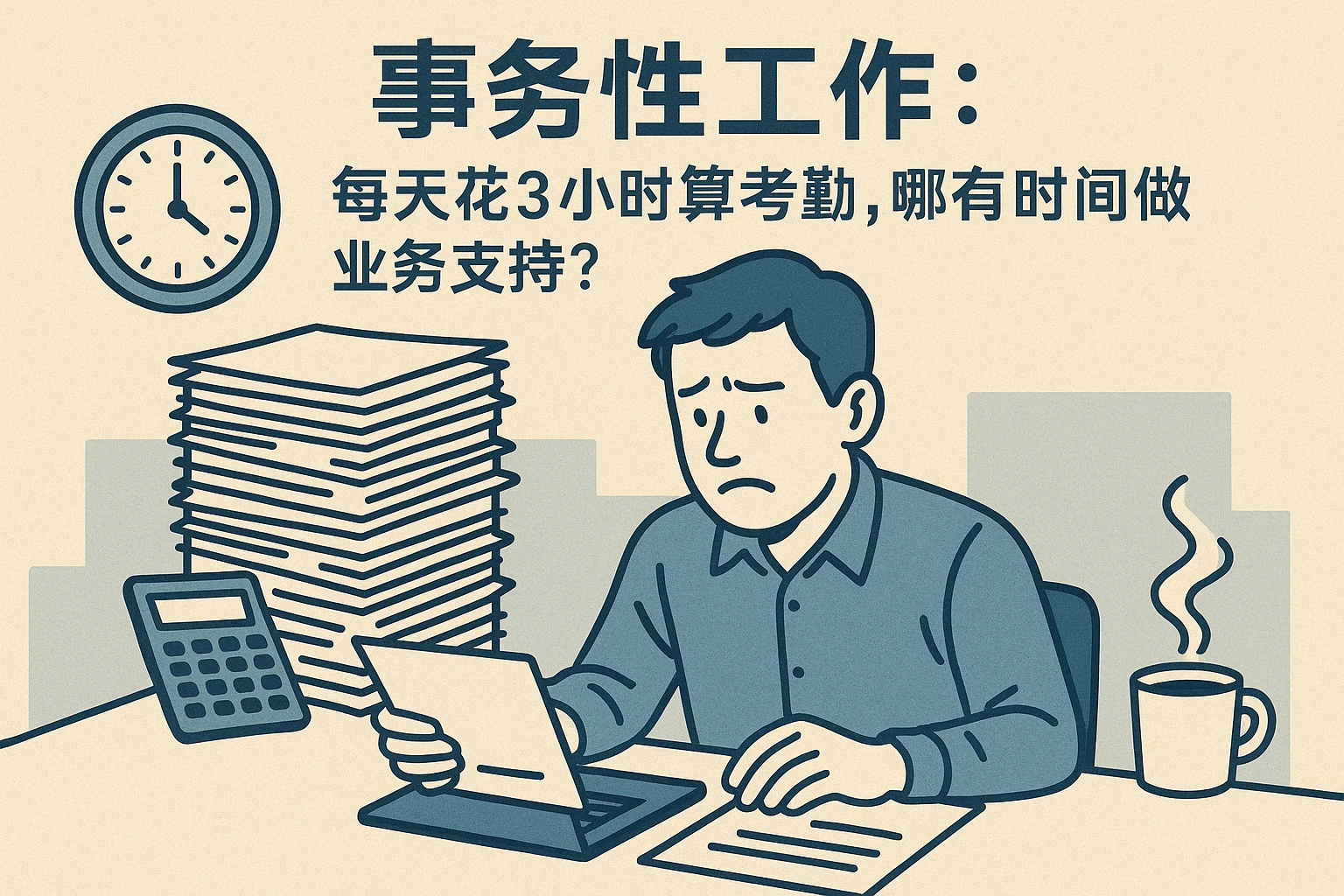 2. 事务性工作：“每天花3小时算考勤，哪有时间做业务支持？”