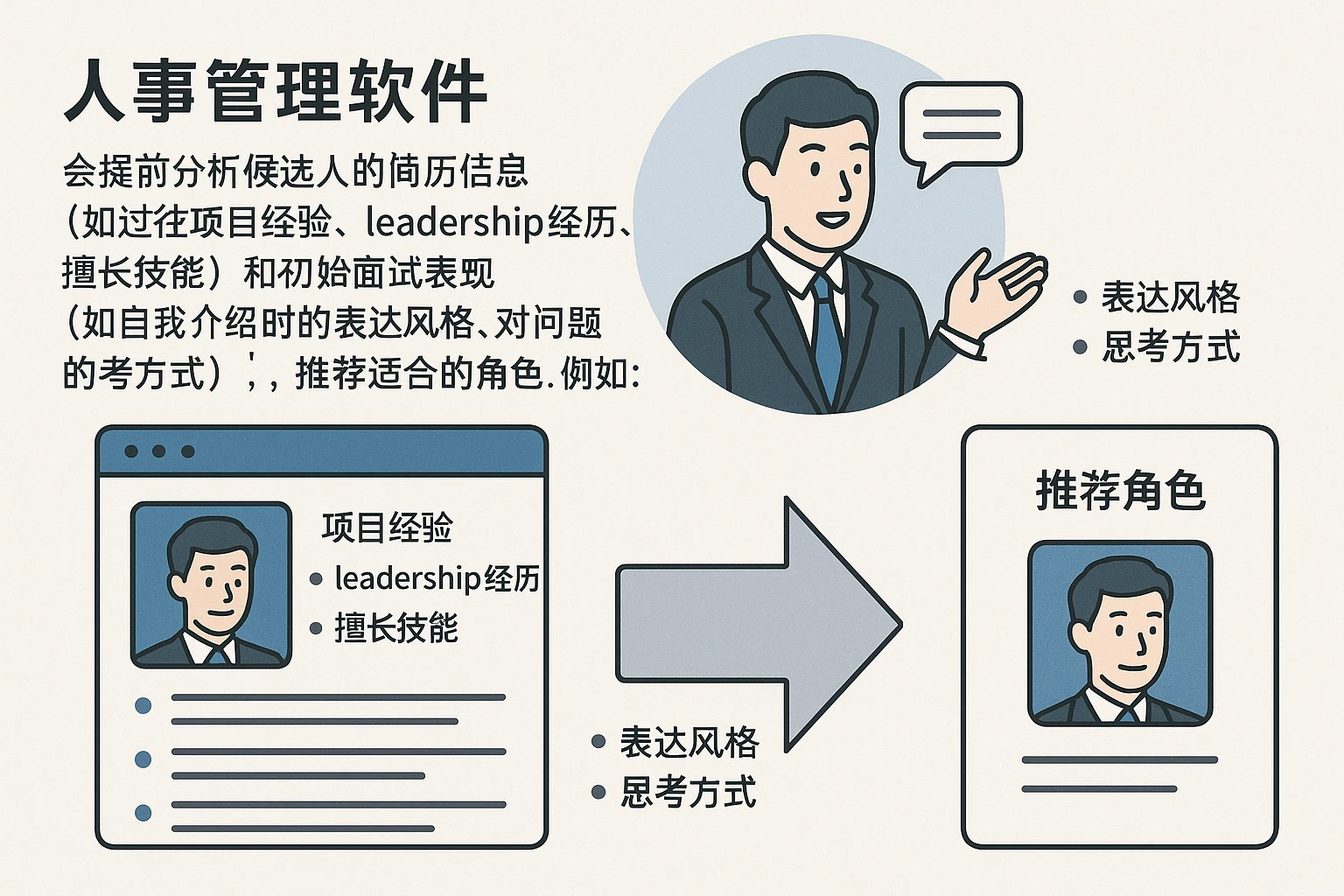 人事管理软件会提前分析候选人的简历信息（如过往项目经验、 leadership 经历、擅长技能）和初始面试表现（如自我介绍时的表达风格、对问题的思考方式），推荐适合的角色。例如：