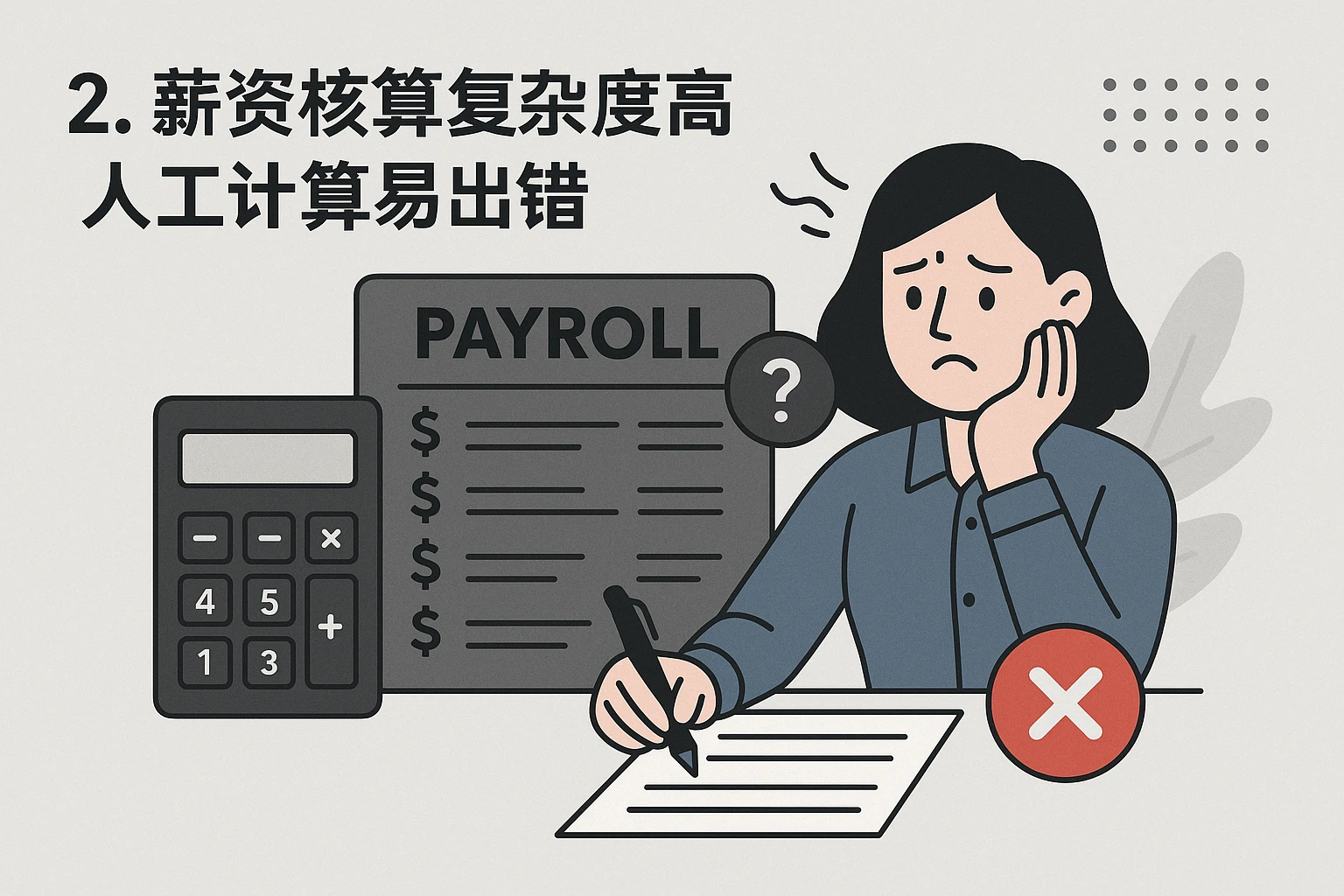 2. 薪资核算复杂度高，人工计算易出错