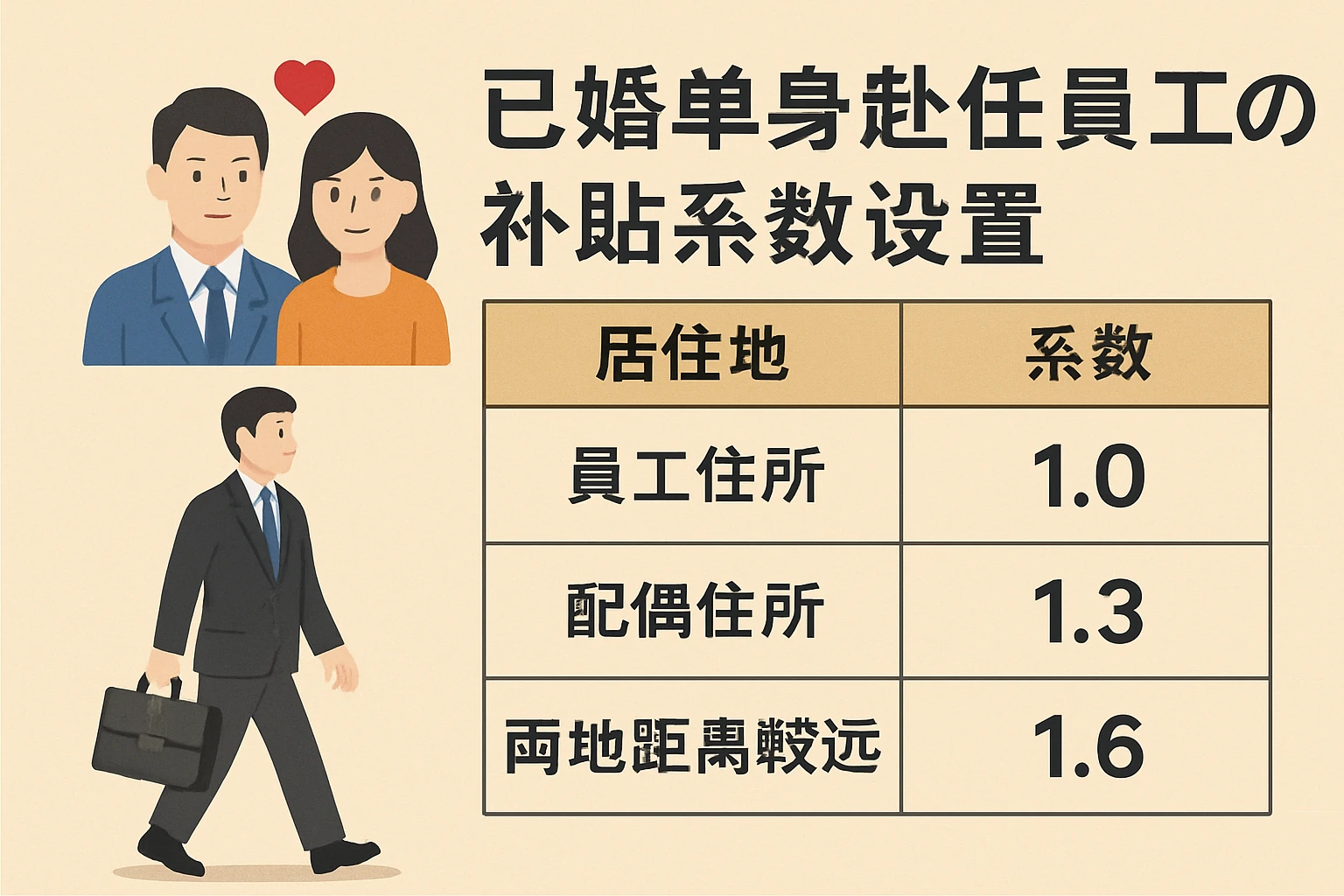 已婚单身赴任员工的补贴系数设置