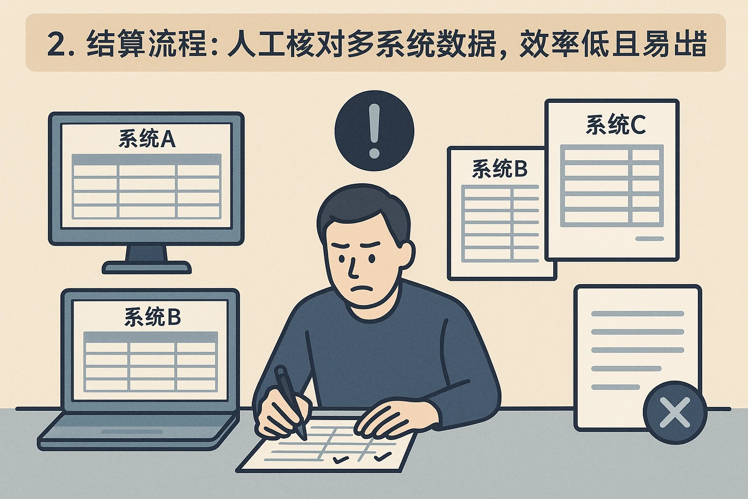 2. 结算流程：人工核对多系统数据，效率低且易出错