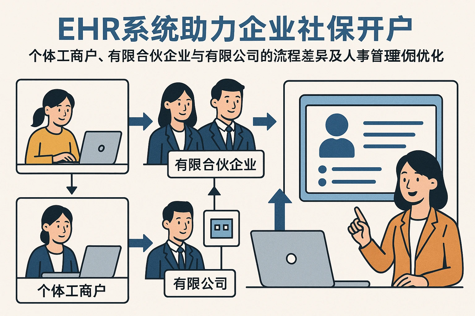 EHR系统助力企业社保开户:个体工商户、有限合伙企业与有限公司的流程差异及人事管理优化