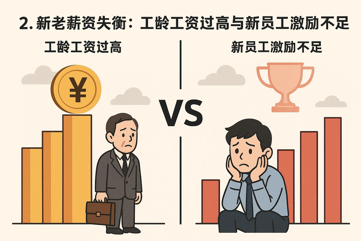 2. 新老薪资失衡：工龄工资过高与新员工激励不足的矛盾