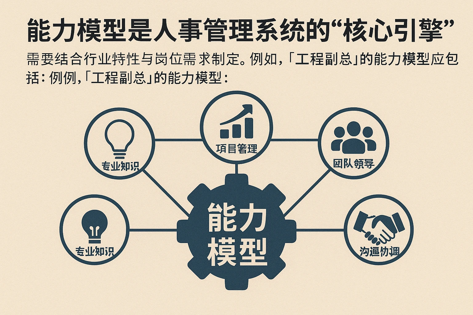 能力模型是人事管理系统的“核心引擎”，需要结合行业特性与岗位需求制定。例如，“工程副总”的能力模型应包括：