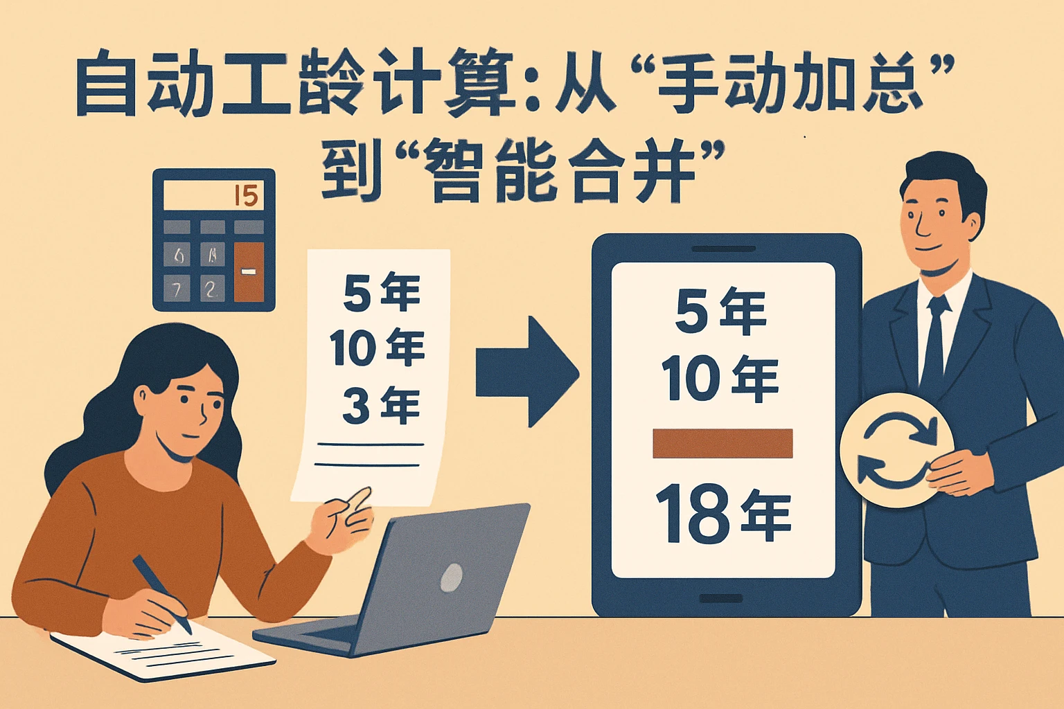 2. 自动工龄计算：从“手动加总”到“智能合并”