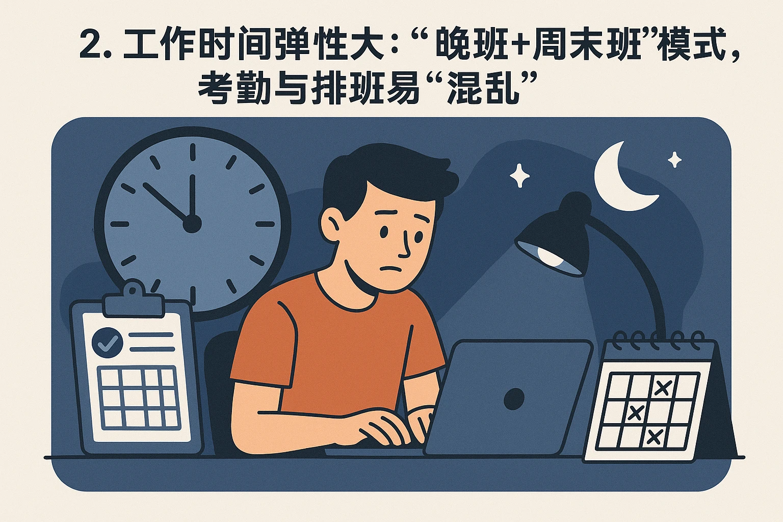 2. 工作时间弹性大：“晚班+周末班”模式，考勤与排班易“混乱”