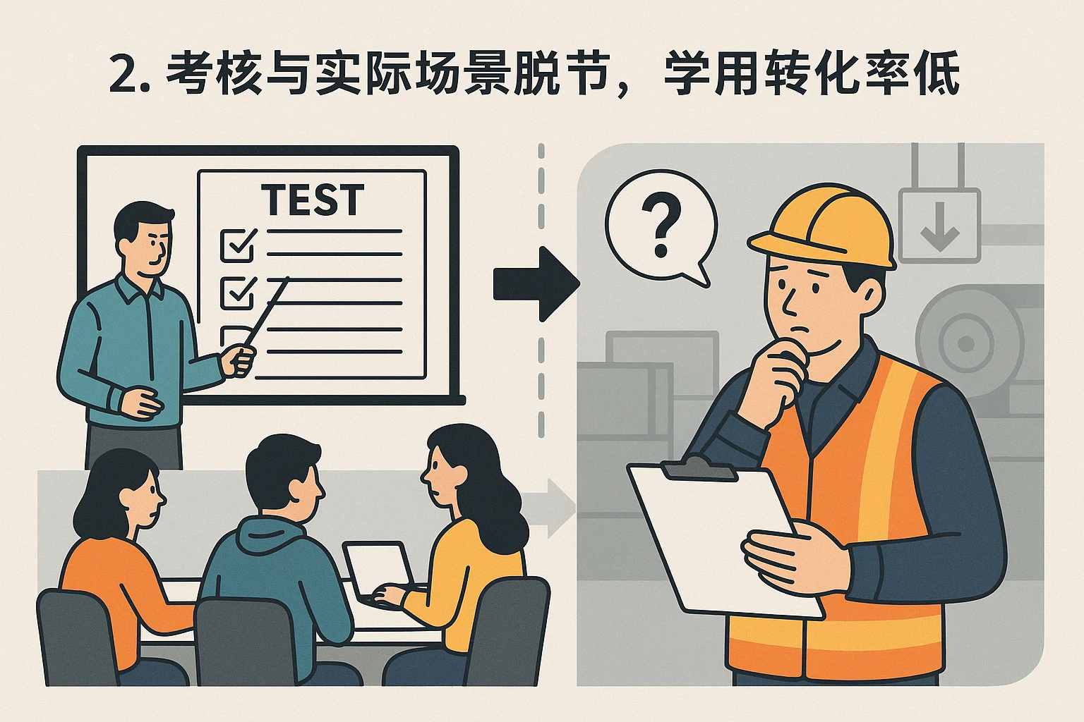 2. 考核与实际场景脱节，学用转化率低