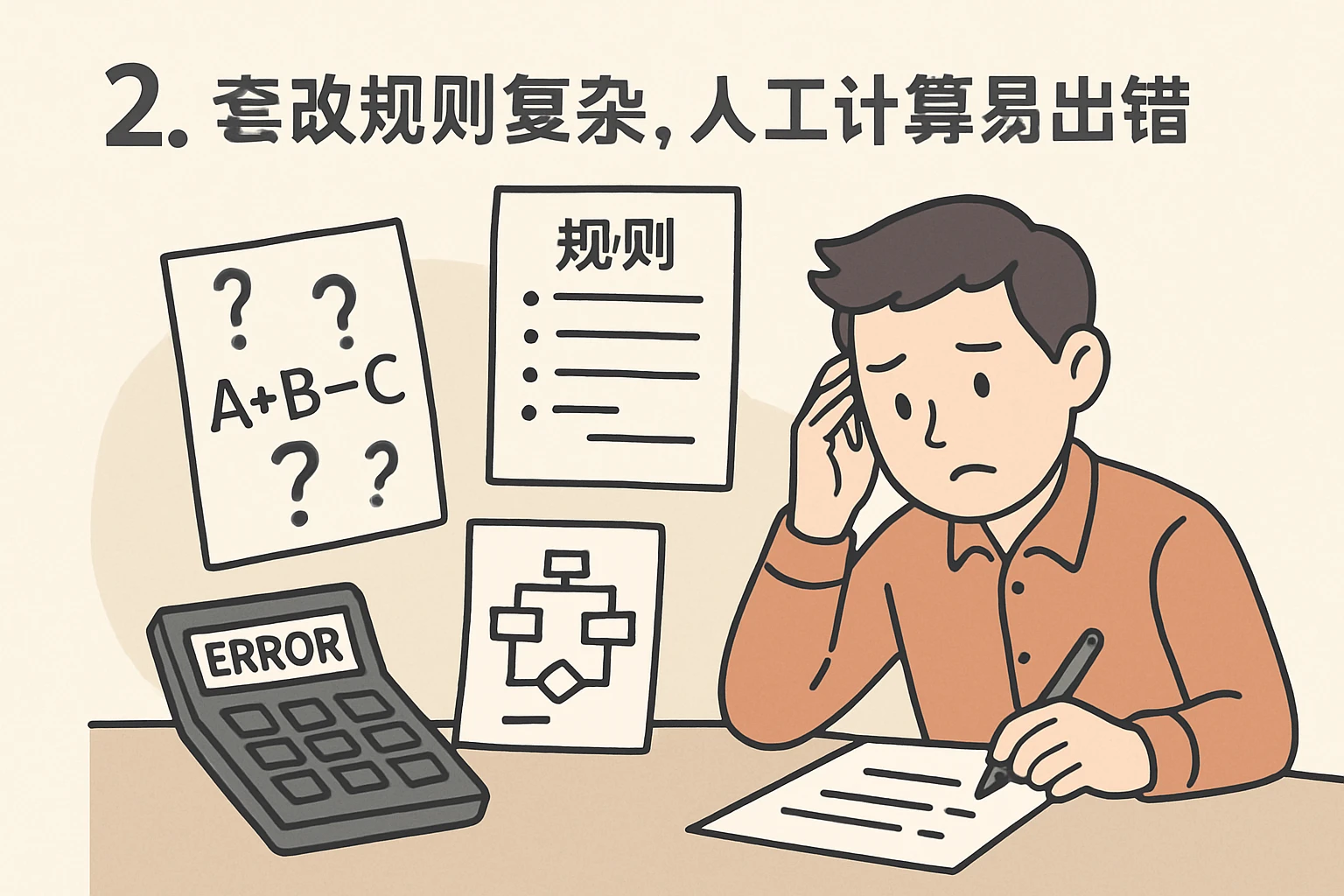 2. 套改规则复杂，人工计算易出错