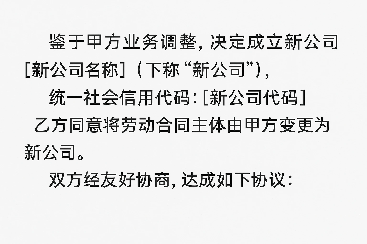 鉴于甲方业务调整，决定成立新公司[新公司名称]（下称“新公司”），统一社会信用代码：[新公司代码]，乙方同意将劳动合同主体由甲方变更为新公司。双方经友好协商，达成如下协议：