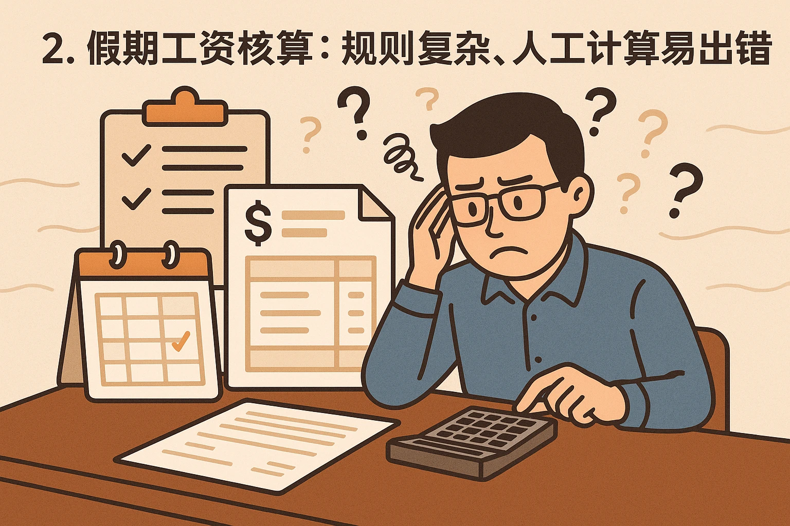2. 假期工资核算：规则复杂，人工计算易出错