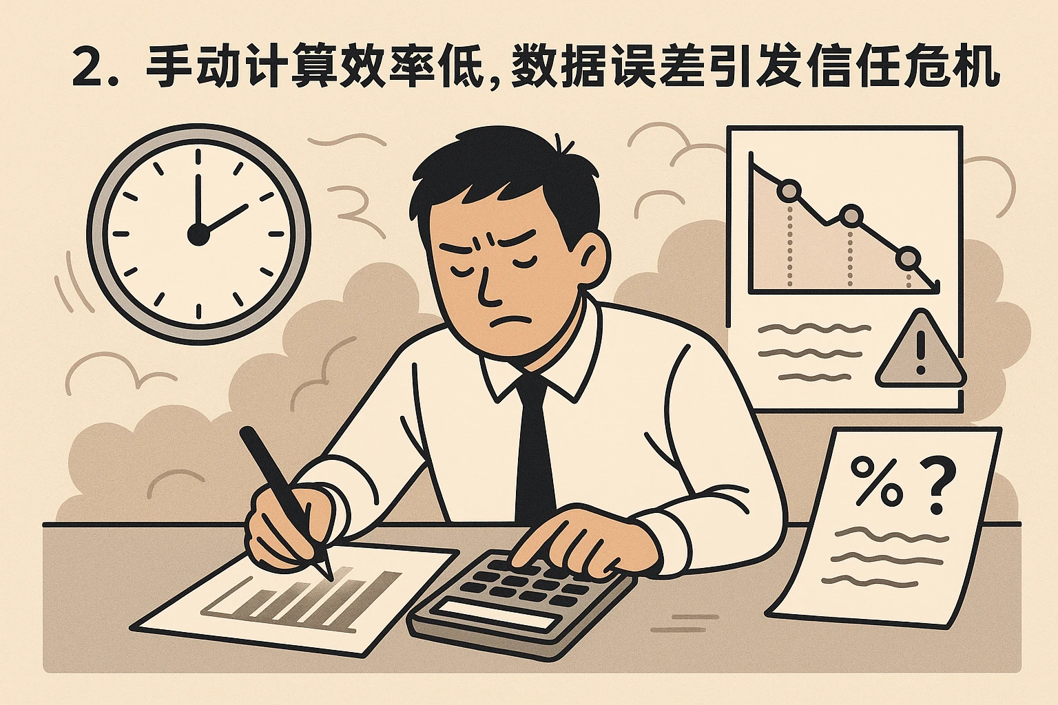 2. 手动计算效率低，数据误差引发信任危机