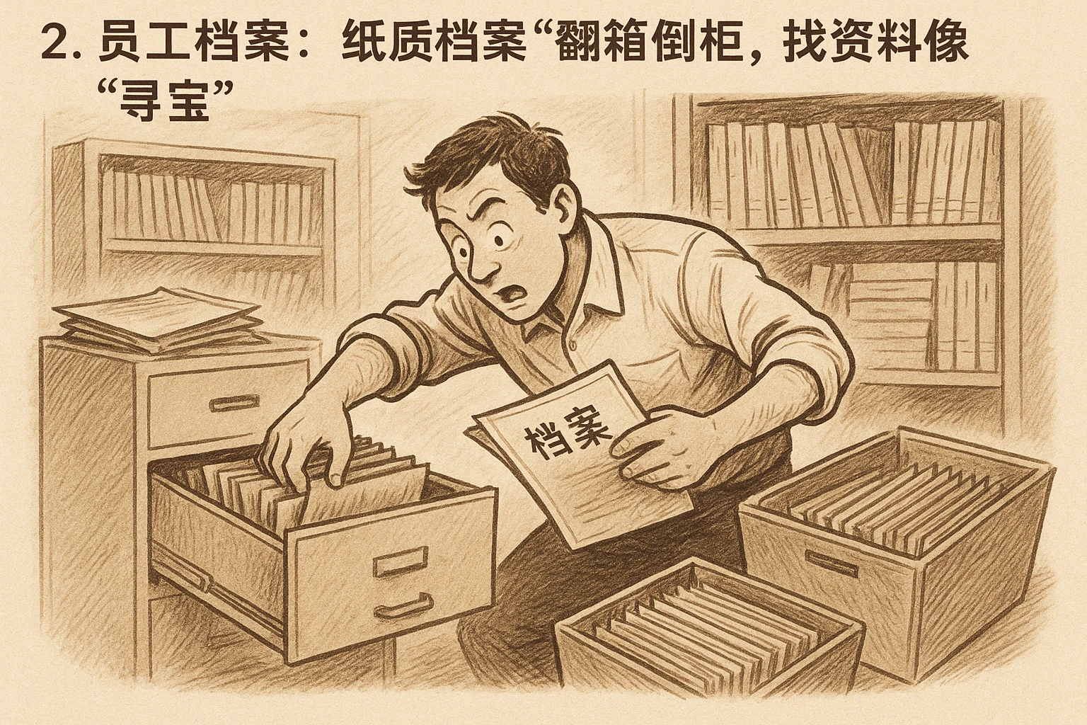 2. 员工档案:纸质档案“翻箱倒柜”,找资料像“寻宝”
